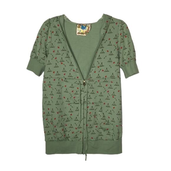 Blue Bird Full Zip Hoodie Short Sleeve Green Red Heart Tepees MediumTie waist - Picture 1 of 8